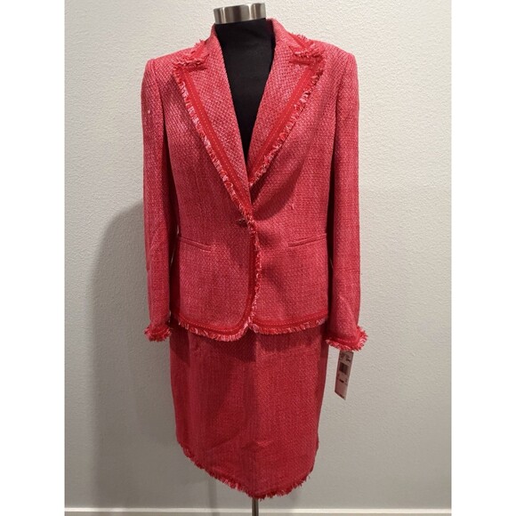 Kasper Tweed Pink 2pc Skirt Suit Frayed Trim Single Breasted Blazer Petite 10P - Picture 3 of 16